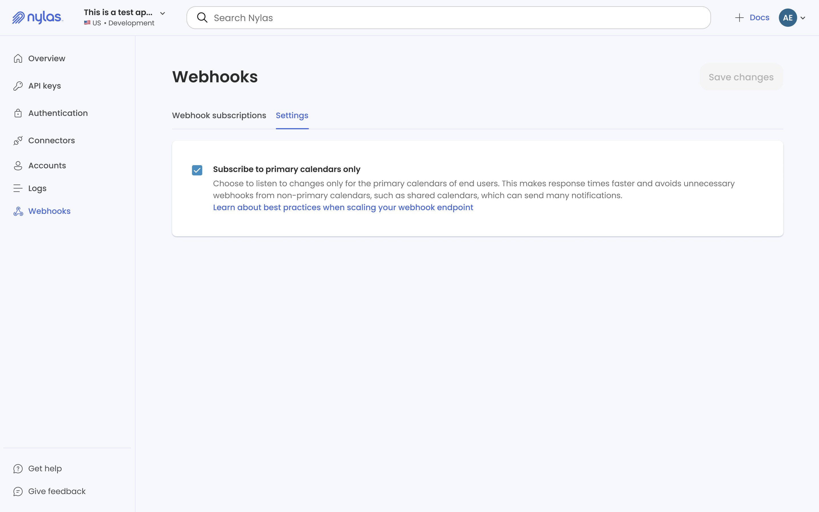 Primary calendar webhook settings The Nylas Dashboard showing the "Webhooks settings" page. The "Subscribe to primary calendars only" option is selected.