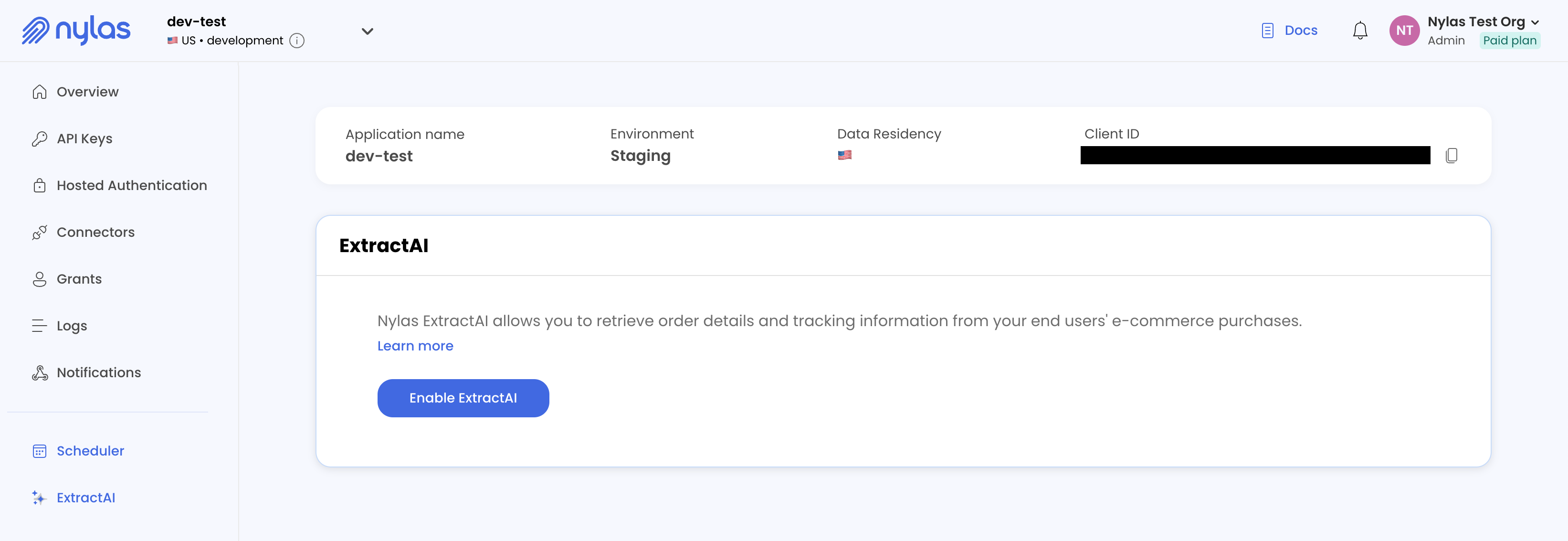 Activate ExtractAI The Nylas Dashboard displaying the ExtractAI page.