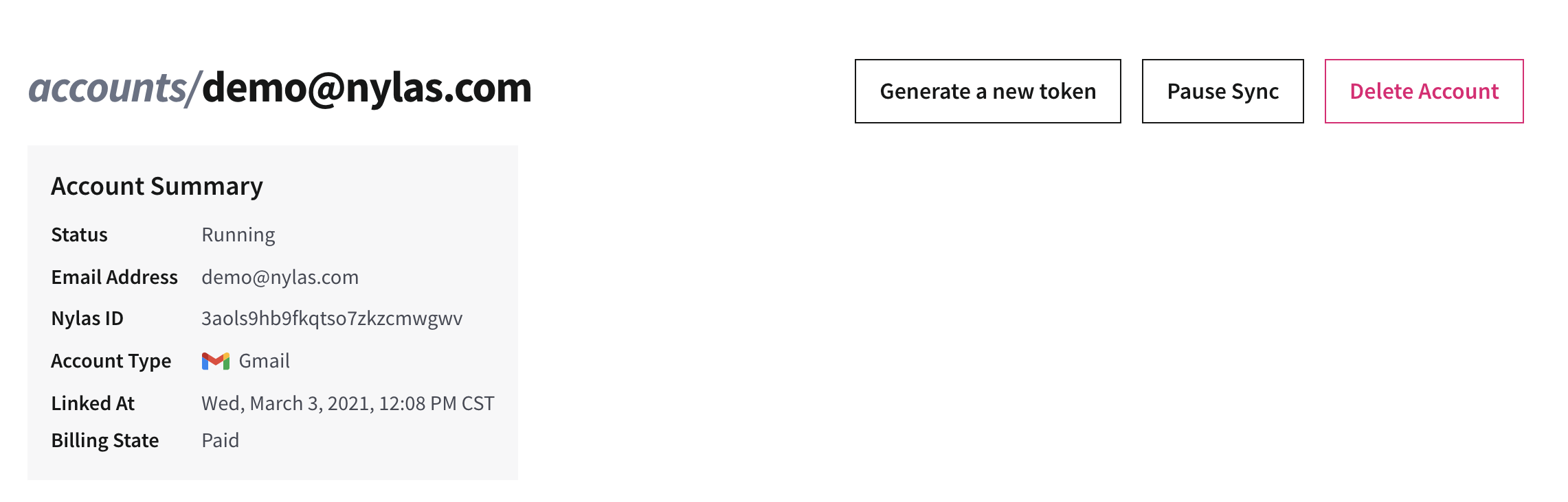 Generate access token The Nylas Dashboard displaying a connected account's summary.