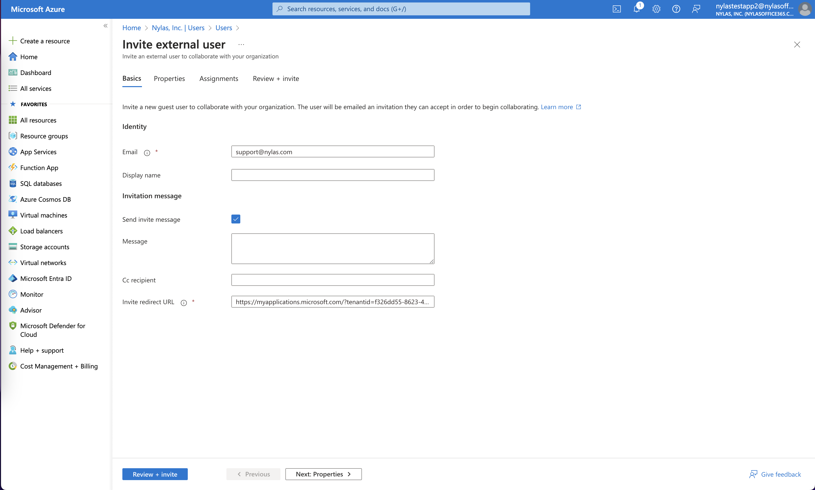Add Nylas Support The Microsoft Azure Portal showing the "Invite external user" page.
