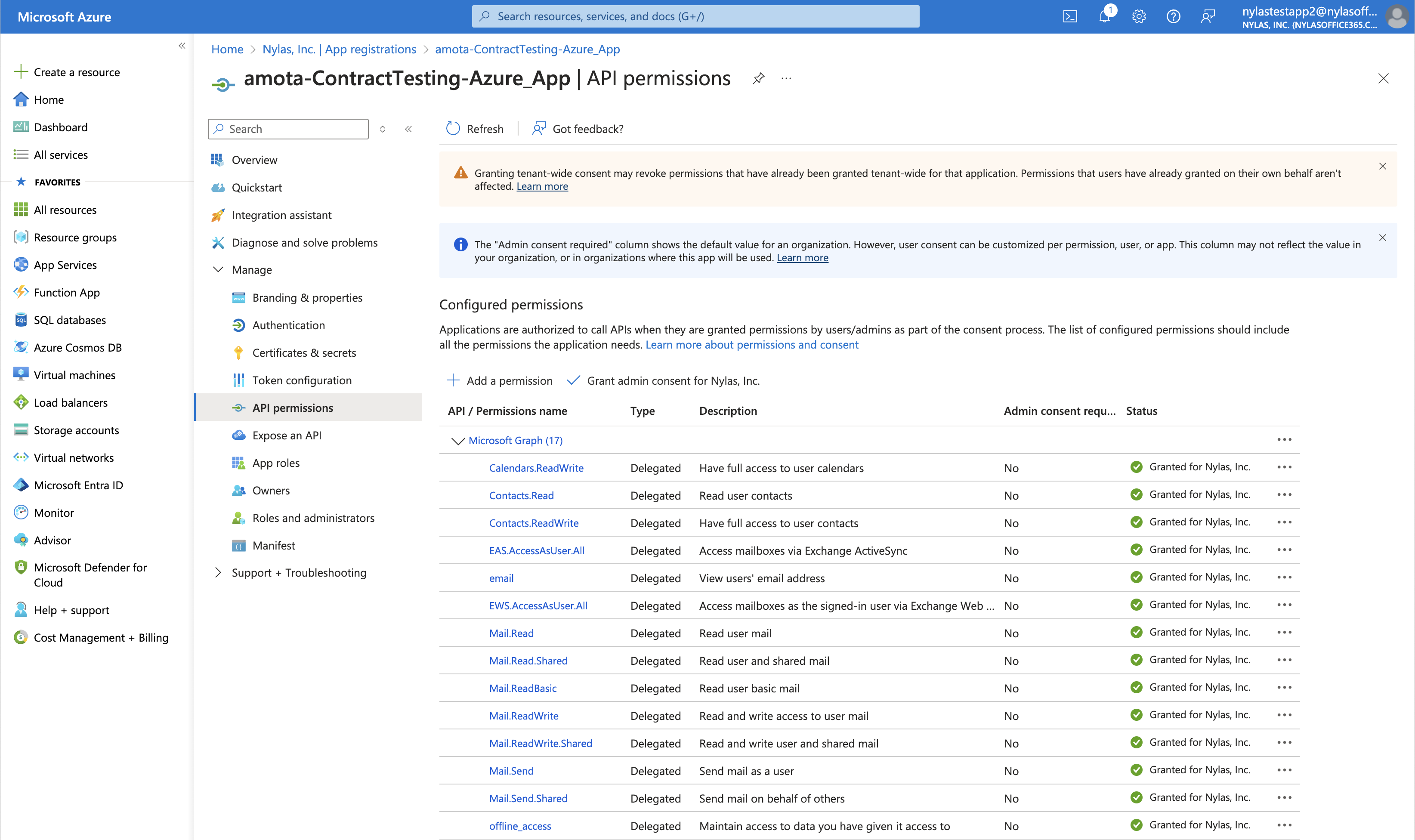 Configured Graph permissions Microsoft Azure Portal displaying the "API permissions" page.