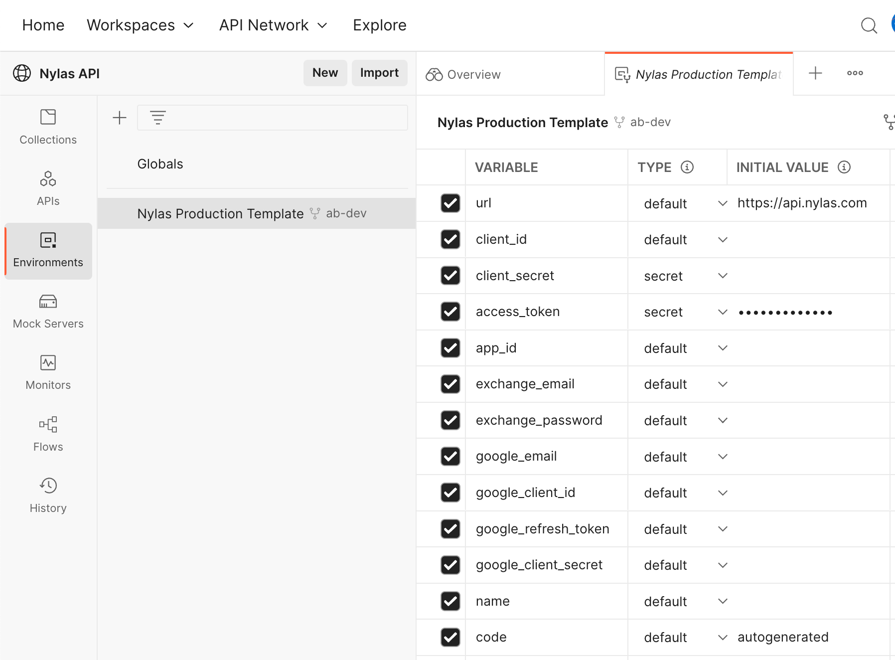 Postman environment variables The Postman UI displaying a list of environment variables.