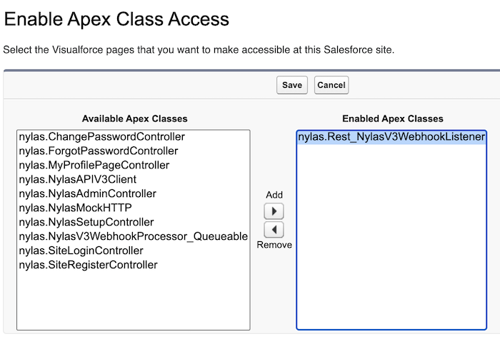 Enable the Apex class The "Available Apex Classes" list with the webhook listener class added.