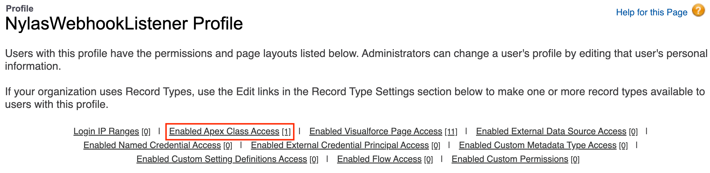 Enabled Apex class access The Salesforce site profile page displaying a list of administration options. "Enabled Apex Class Access" is outlined in red.