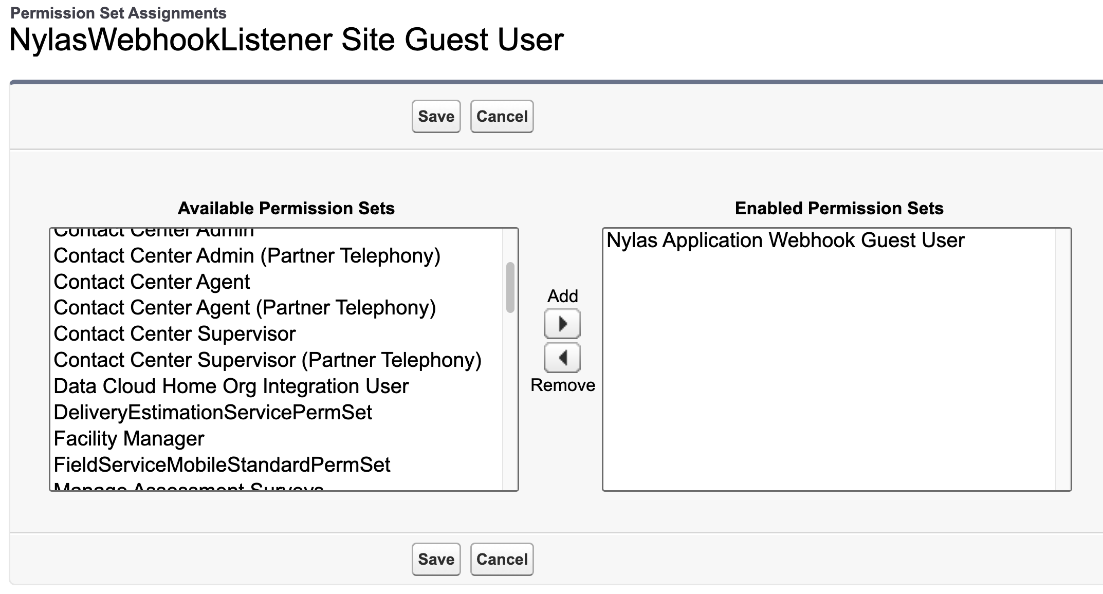Add guest user permissions The "Guest User Permissions" list with the webhook guest user permissions added.