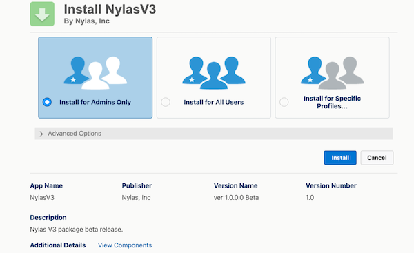NylasV3 Salesforce package The NylasV3 installation package showing the installation options.