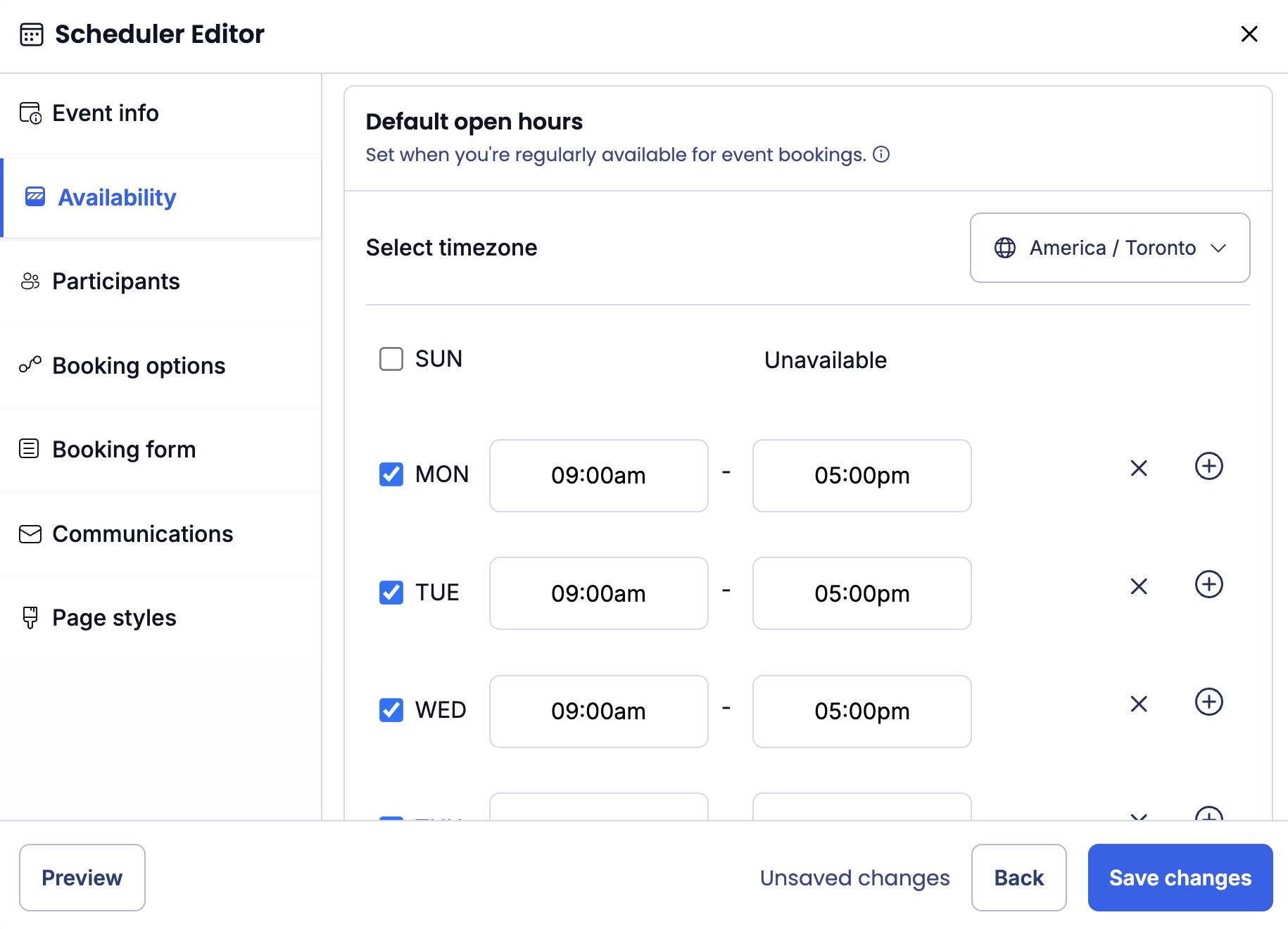 The Scheduler Editor UI displaying the Availability tab. The Default Open Hours section is shown, and availability is defined for Monday, Tuesday, and Wednesday.