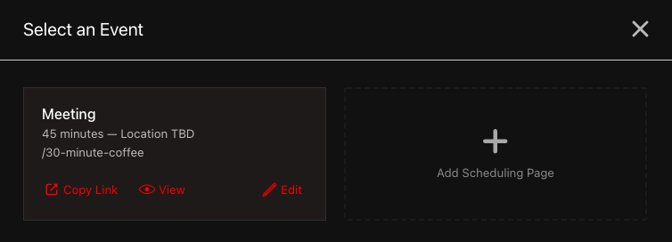 Custom title The Nylas Schedule Editor. The page title is set to "Select an Event". One event is shown. The Editor is using the Dark Mode color scheme.