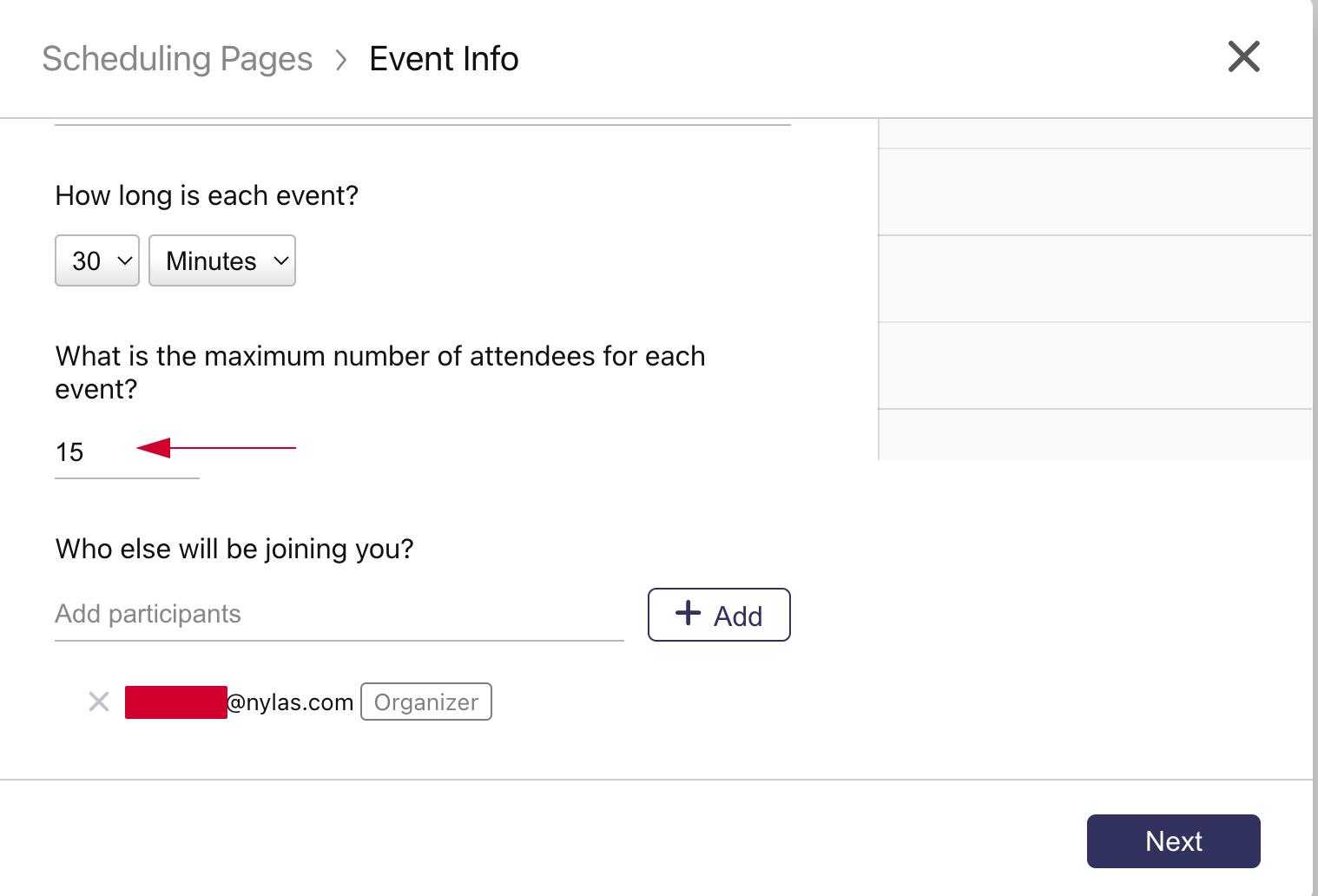 Group meeting configuration The Event Info dialog displaying configuration options for an event.