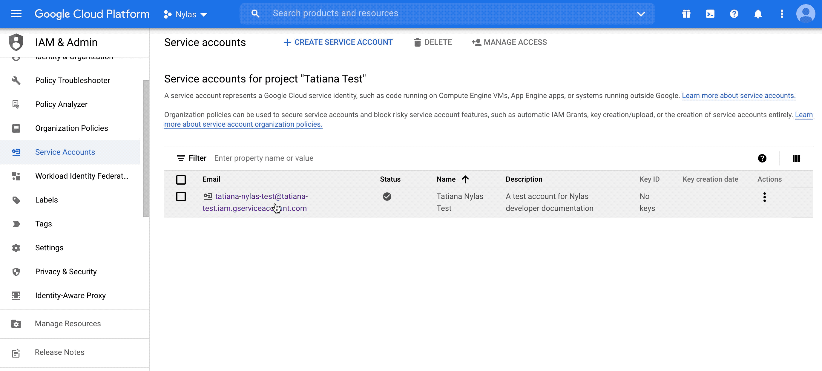 Create service account key An animated GIF showing how to create a service account key, following the steps above.