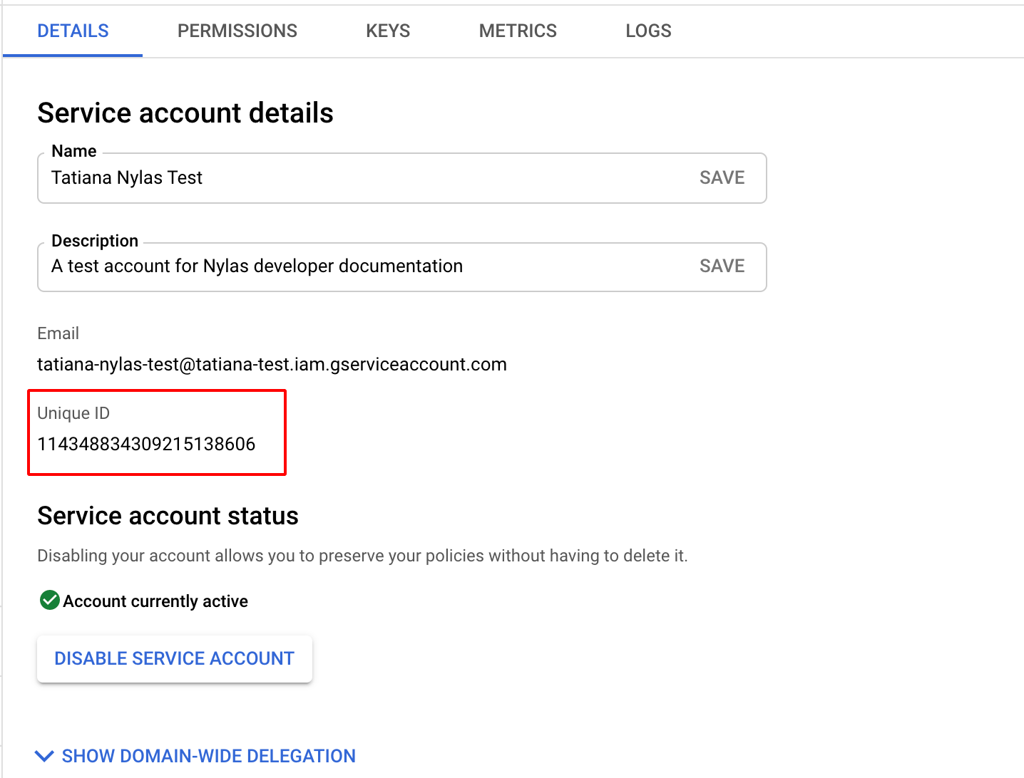 Unique ID in application details A close-up of the Google Cloud Platform interface. The "Details" page for an application is shown, and the "Unique ID" field is circled in red.