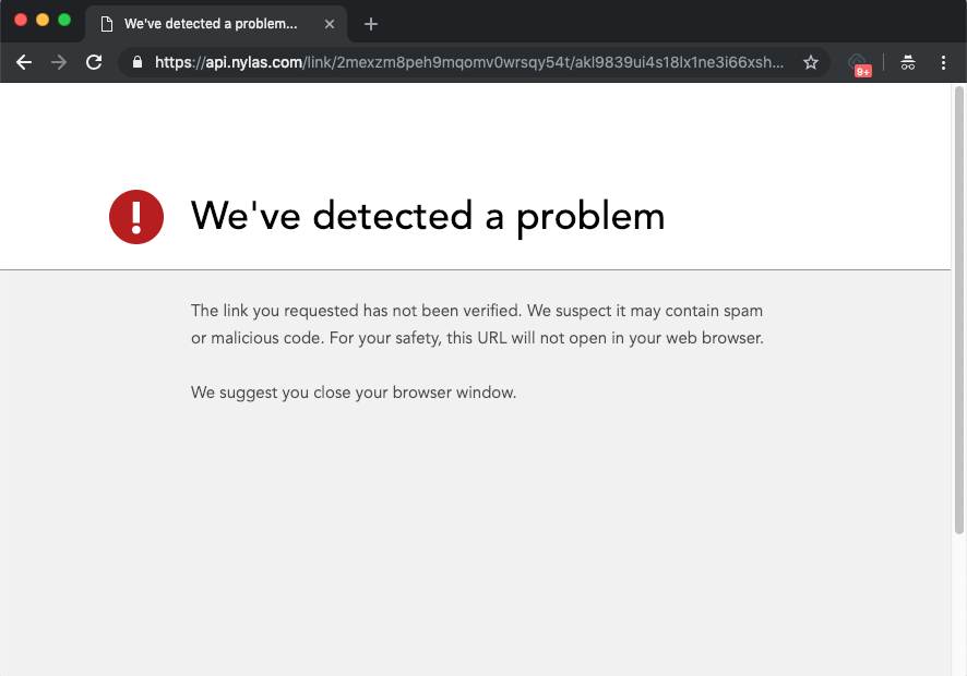 Spam warning A simple webpage indicating that a URL you clicked isn't verified and might be spam.
